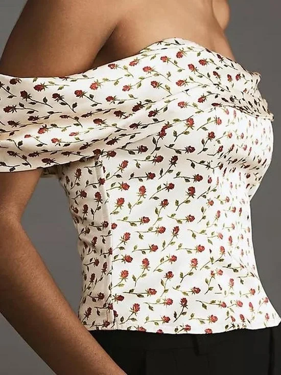 Reformation Lux Silk Off Shoulder Corset Top in Rose Print - 0